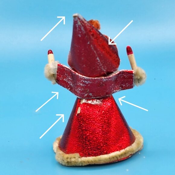 Vintage 1950s Elf Ornament Red Foil Putz Candles Celluloid Face Chenille Japan - Picture 8 of 9